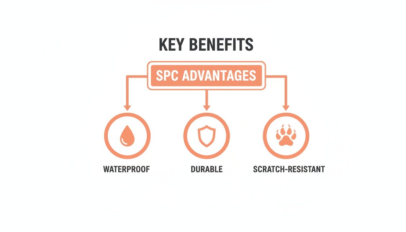 Infographic showing key benefits and SPC advantages: waterproof, durable, and scratch-resistant features.