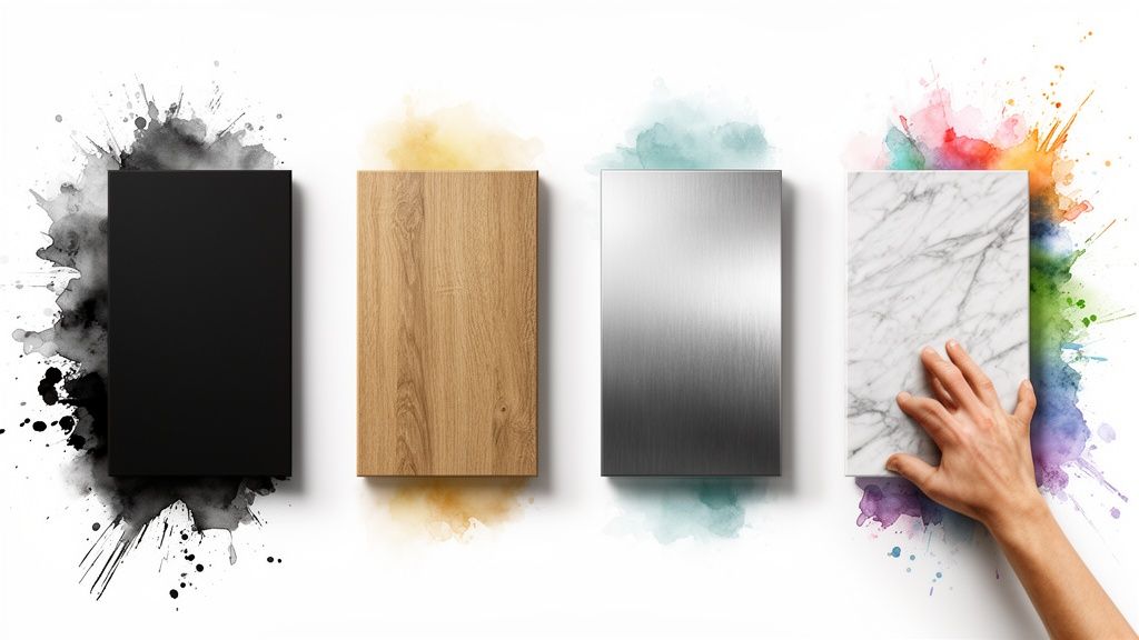 Collection of diverse kitchen cabinet material samples: black, wood, brushed metal, and marble.