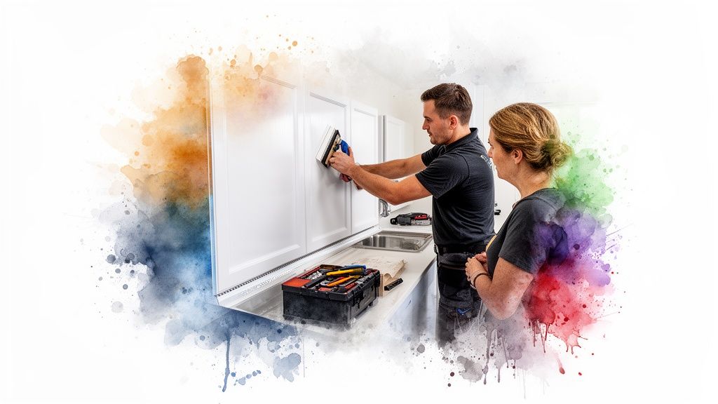 A man applies a wrap to a white kitchen cabinet as a woman watches, with tools on the counter.