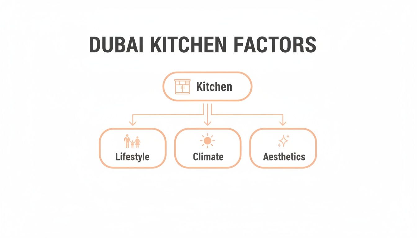 A diagram illustrating Dubai kitchen factors, showing Kitchen branching into Lifestyle, Climate, and Aesthetics.
