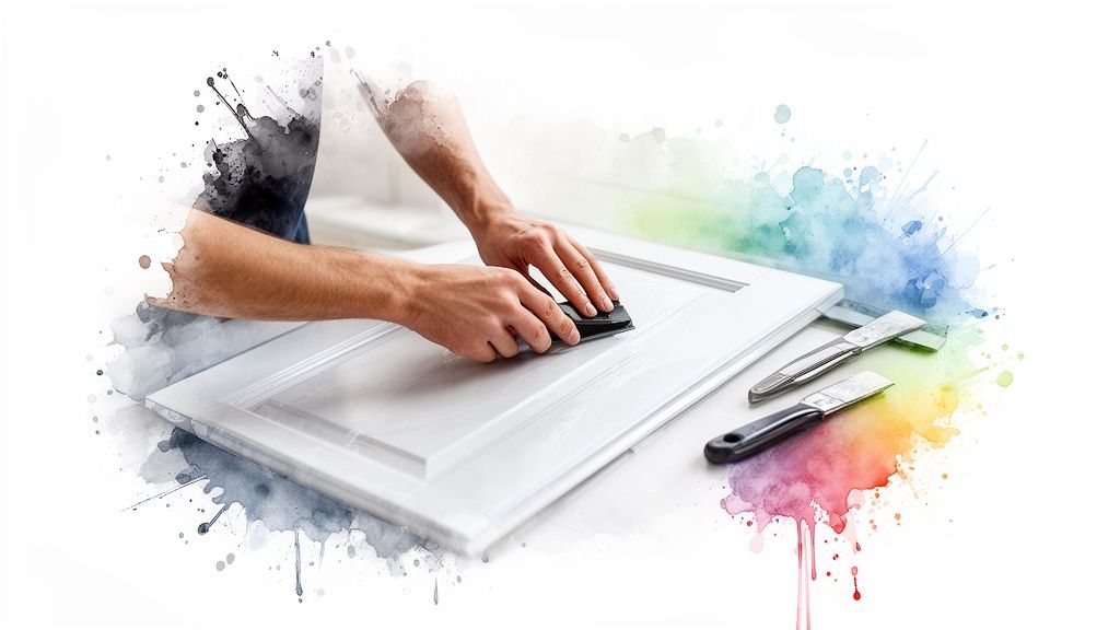 Close-up of hands sanding a white kitchen cabinet door, surrounded by vibrant watercolor paint splashes.