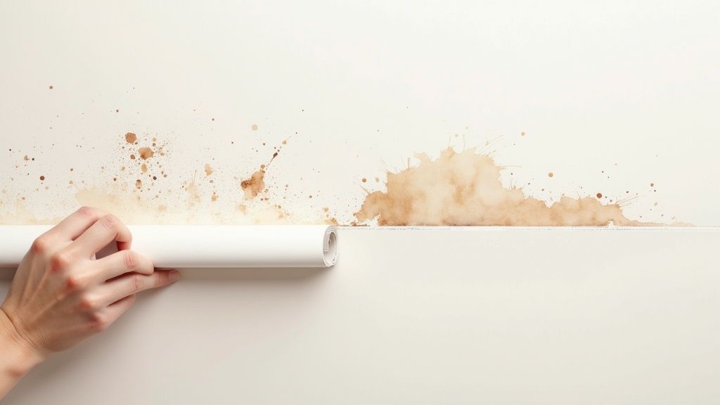 A hand unrolling clean, light-colored wallpaper to cover brown stains on a wall.