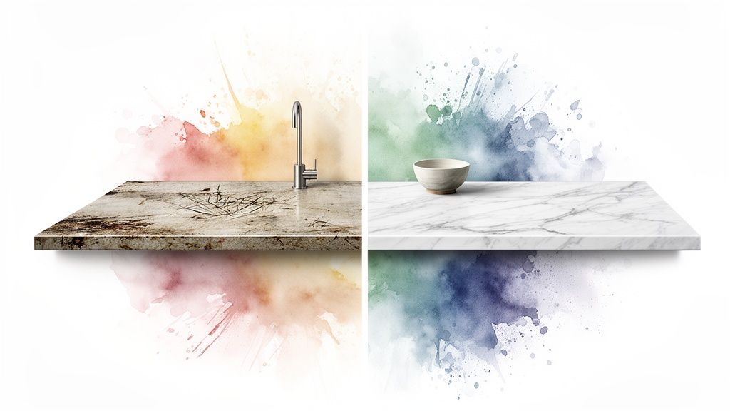 Two contrasting countertops, one rustic with a faucet, the other white marble with a bowl, against watercolor splashes.