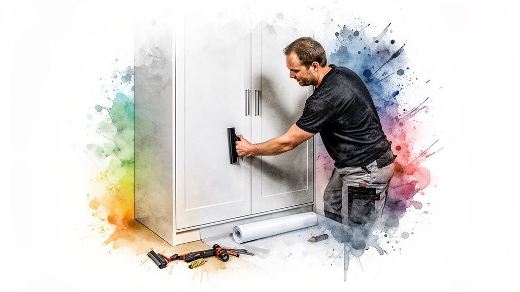A man meticulously applies a vinyl wrap to a white wardrobe door, with tools nearby.