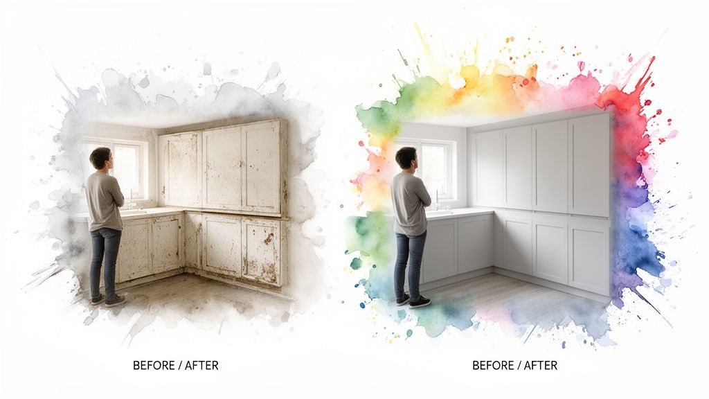 Before and after comparison of a kitchen transformation, showing old dirty cabinets becoming new white ones.