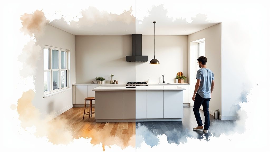 A stylishly modern kitchen with dark green wrapped cabinets and a white countertop.