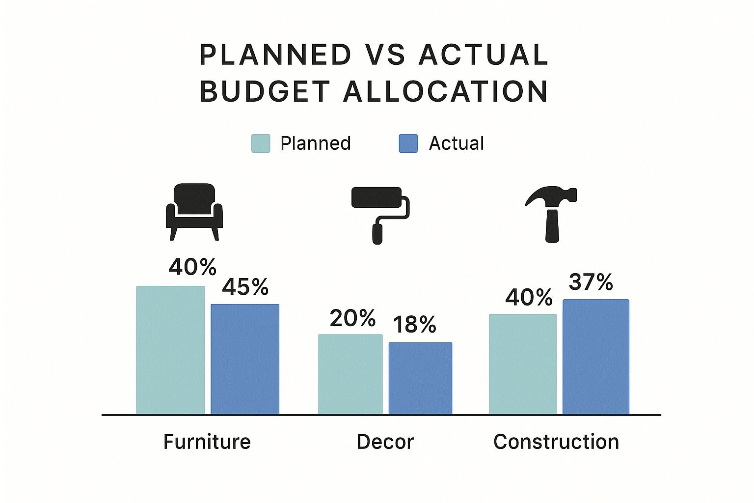 Infographic comparing planned versus actual budget allocation for office renovation, showing furniture, decor, and construction costs.