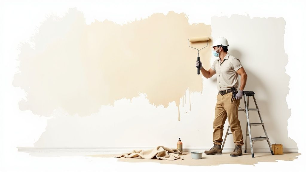 A painter carefully applying white paint to a wall with a roller.