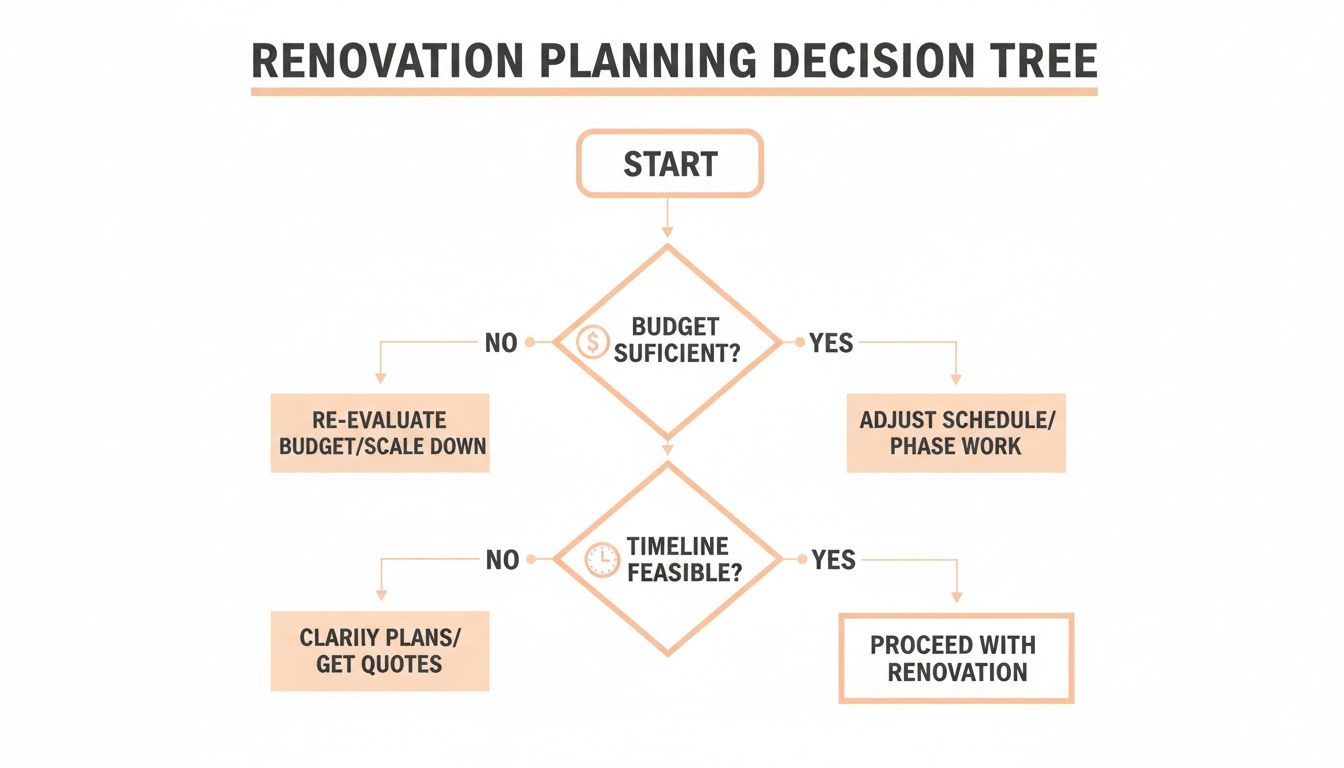A renovation planning decision tree flowchart outlining steps based on budget and timeline feasibility.