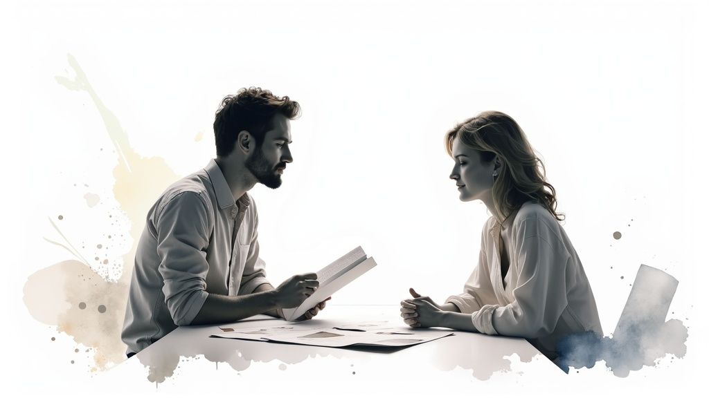 Two colleagues discuss documents at a table, highlighting a focused business meeting.