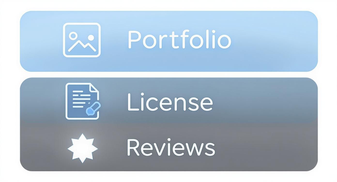 A mobile interface showing three options: Portfolio with a picture icon, License with a document icon, and Reviews with a star icon.
