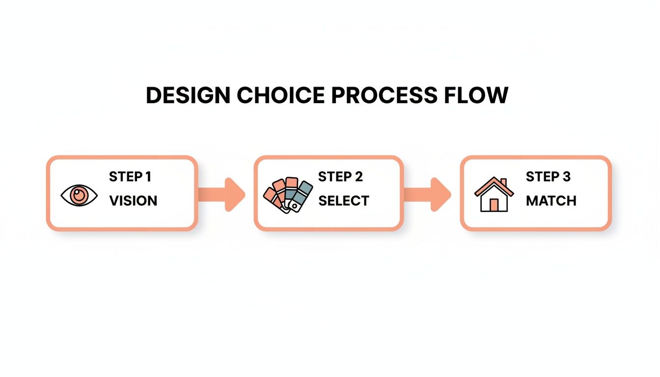 A three-step design choice process flow with icons: Vision, Select, and Match.
