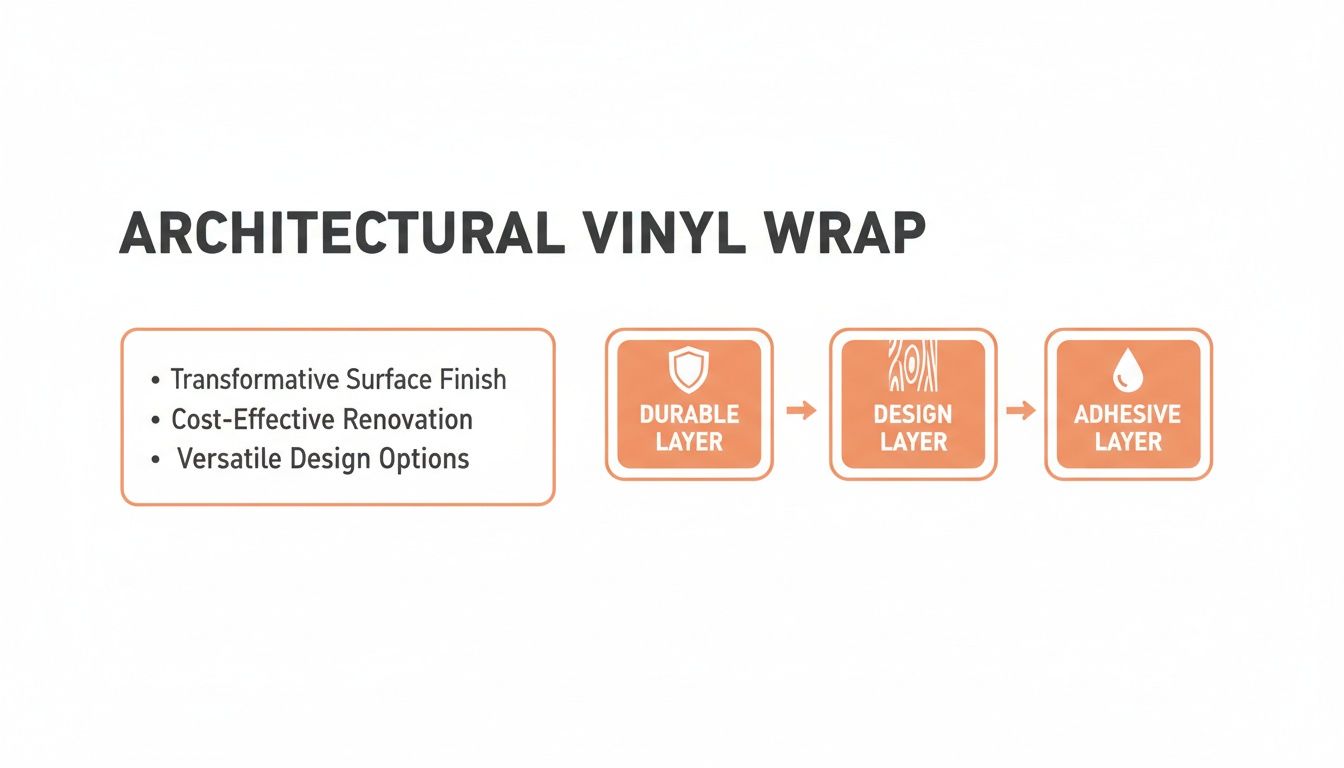 An infographic explaining architectural vinyl wrap benefits and its three layers: durable, design, and adhesive.