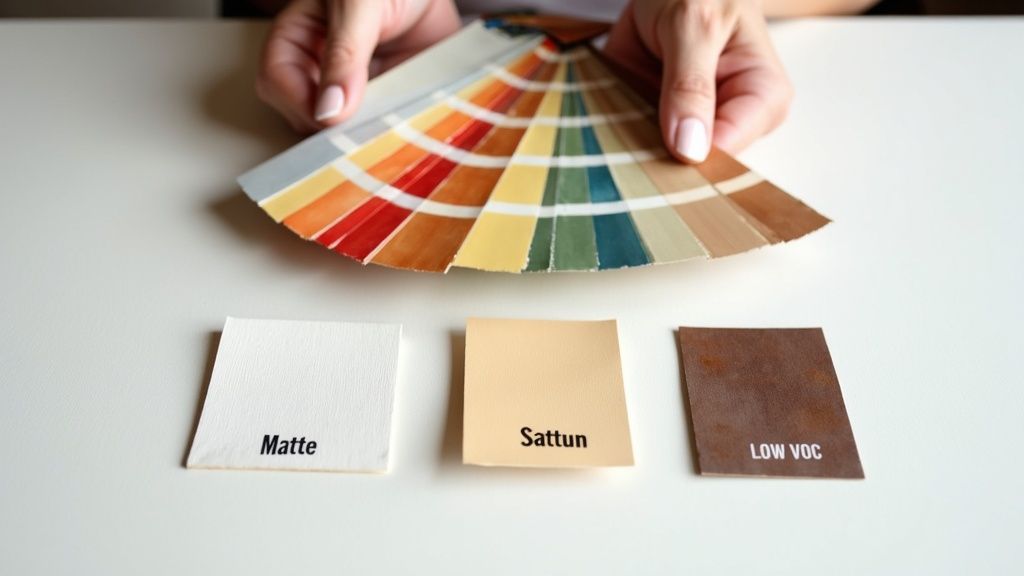 A hand holding up a fan deck of paint colour swatches against a plain white wall.