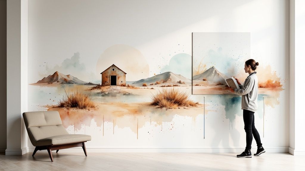 A custom abstract wallpaper with bold colours and shapes in a modern living room