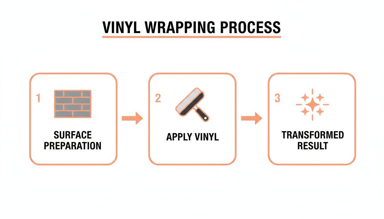 Diagram illustrating the three-step vinyl wrapping process: surface preparation, applying vinyl, and the transformed result.