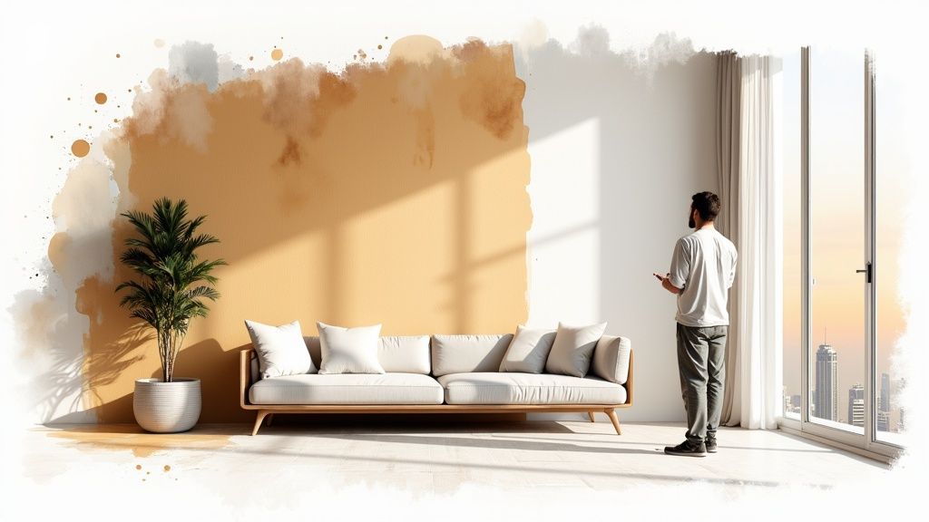 A modern living room with freshly painted white walls and minimalist decor.