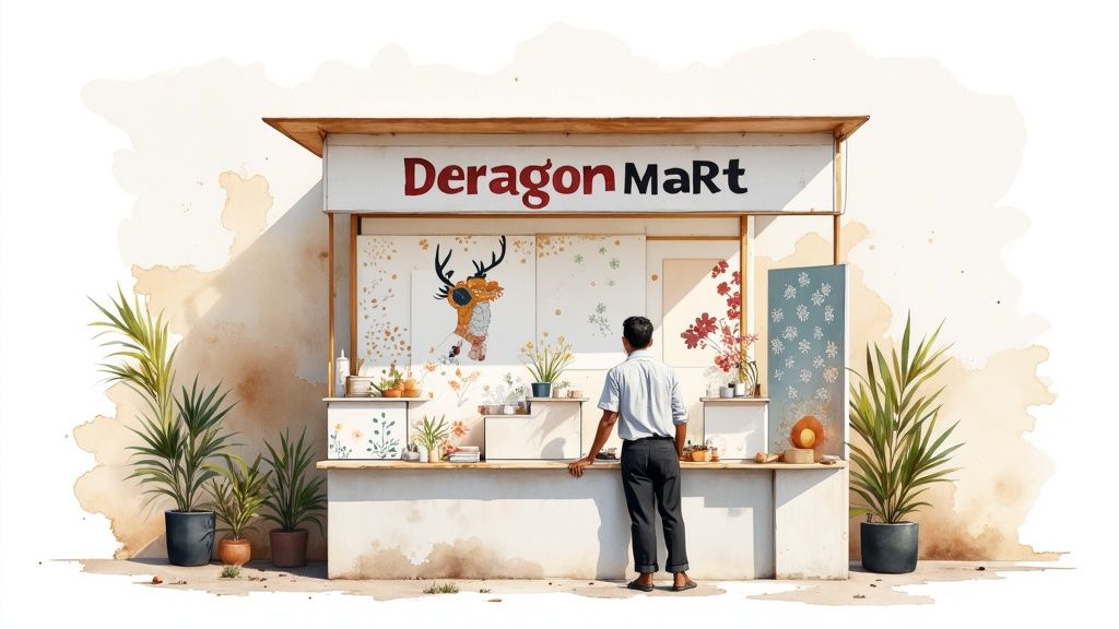 A man views a rustic outdoor stall decorated with artistic wall stickers and potted plants.