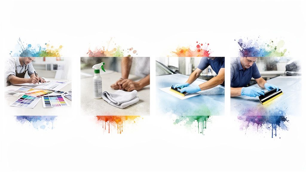 A multi-image collage showing the complete car wrapping process, from design to application.