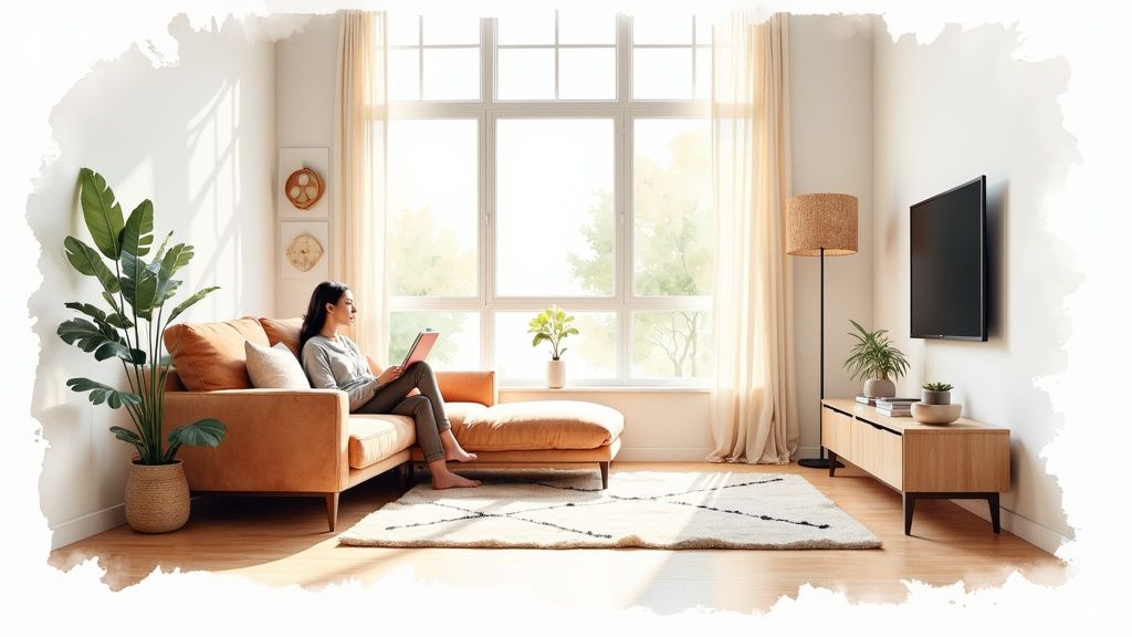 A woman relaxes on a cozy tan sectional couch in a bright living room with large windows.