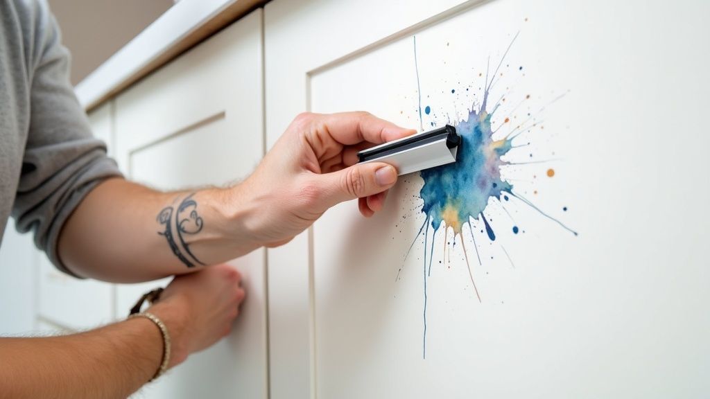 A professional installer carefully applying vinyl wrap to a kitchen cupboard door.