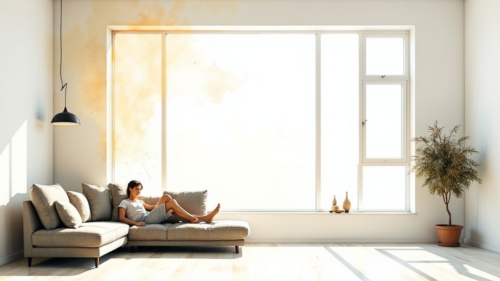 A modern living room with large windows tinted to reduce glare and heat from the sun.