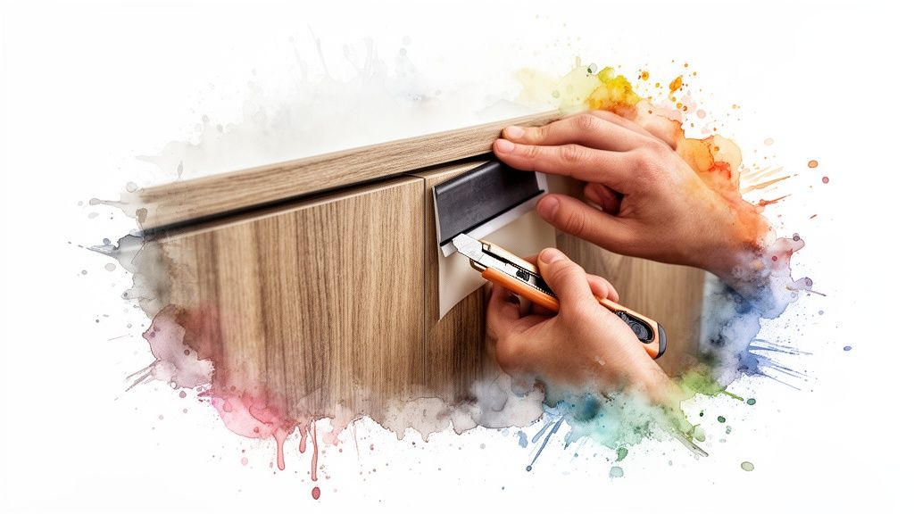 Hands applying black edge banding to a light wooden cabinet with a utility knife, artistic watercolor splashes surround.