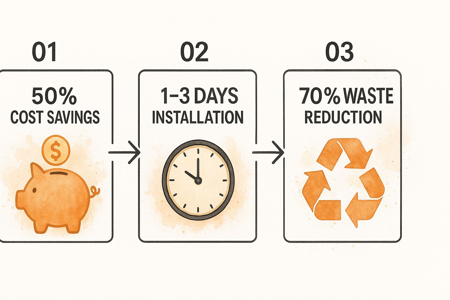 An infographic showing the benefits of creative wrapping with icons for cost savings, fast installation, and waste reduction.