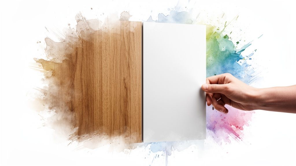 A hand holds a blank white paper next to a wooden panel, surrounded by colorful watercolor splashes.