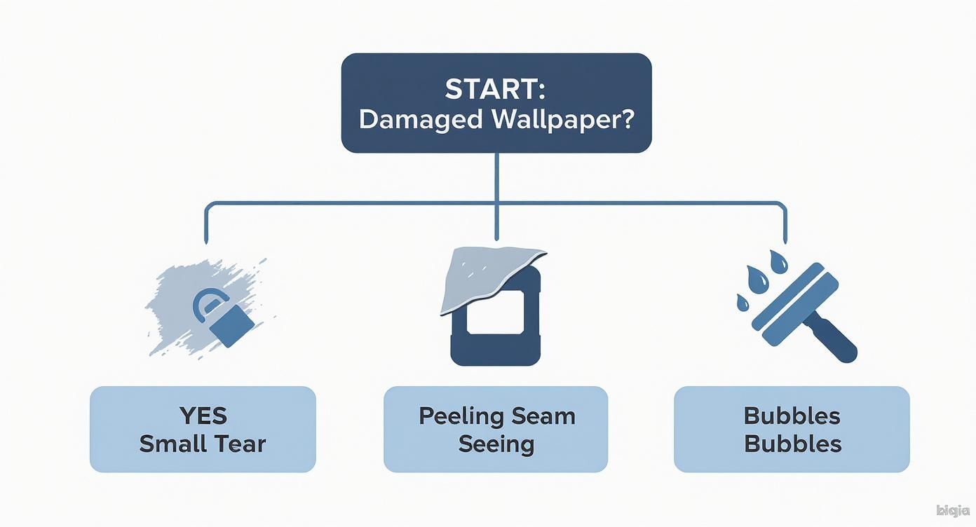 A flowchart showing three types of damaged wallpaper: small tear, peeling seams, and bubbles.