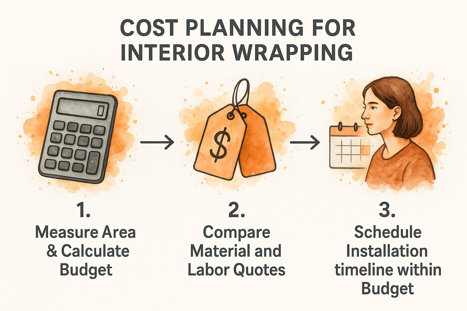 Infographic showing the three-step process for cost planning in interior wrapping projects in Dubai, including measuring the area, comparing quotes, and scheduling the installation.
