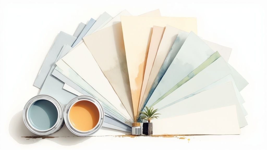 A close-up of various paint colour swatches against a textured wall