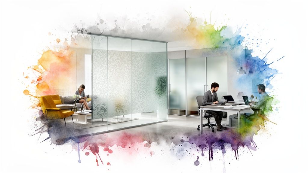 Diverse modern office space with glass partitions, people working, surrounded by colorful watercolor splatters.