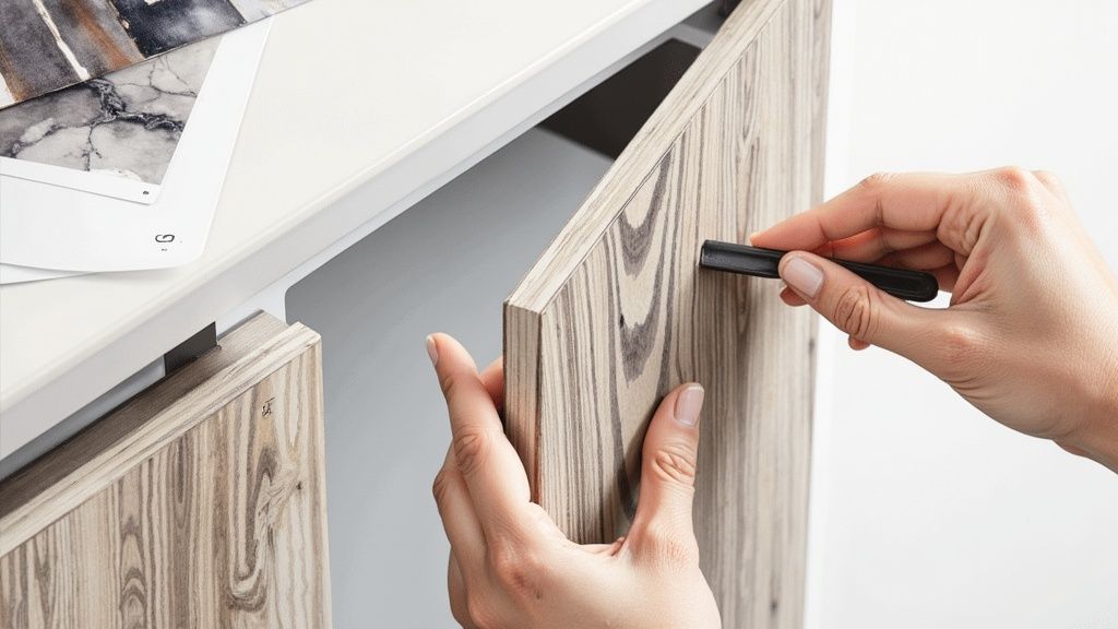 A stylish kitchen with cabinets updated using architectural wraps in a wood grain finish.