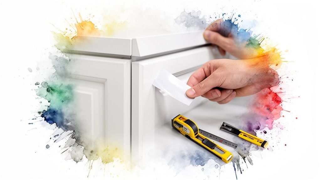 Close-up of hands applying a white protective strip to a new kitchen cabinet, with tools and colorful paint splashes.