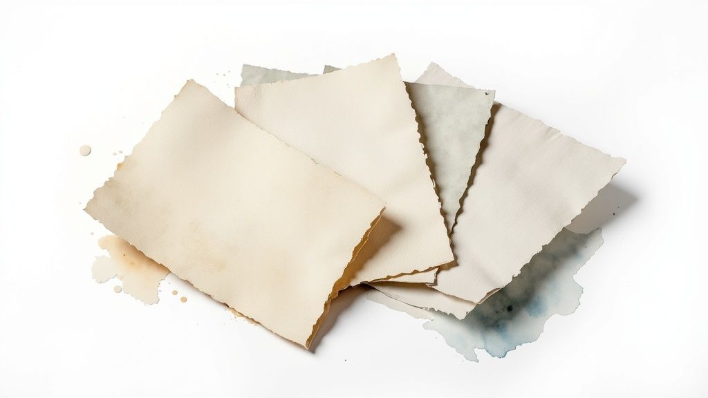 A fanned stack of textured, handmade paper sheets with distressed edges and subtle watercolor stains on white.