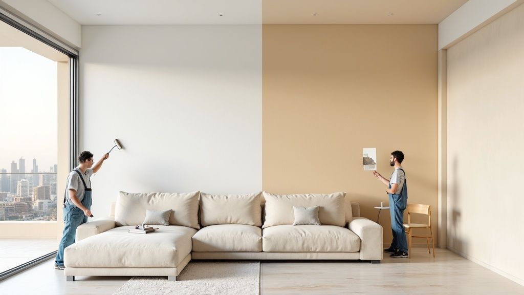 Professional painters in overalls painting interior walls of modern luxury apartment in Dubai