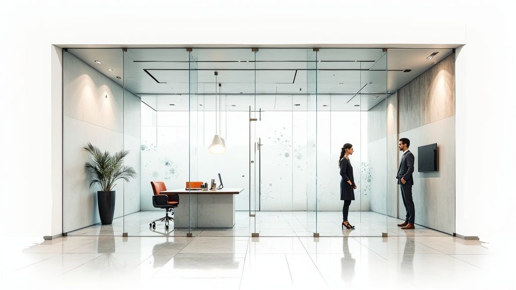 Modern office interior featuring glass partitions, a desk, an office plant, and two business professionals.