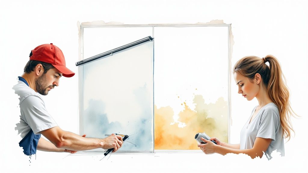 A man and a woman are applying colorful tints to two separate glass window panes.