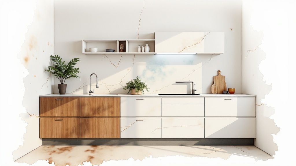 A stylishly wrapped kitchen with dark wood-grain film on the cabinets and a light marble-effect film on the countertop, creating a modern, high-end look.