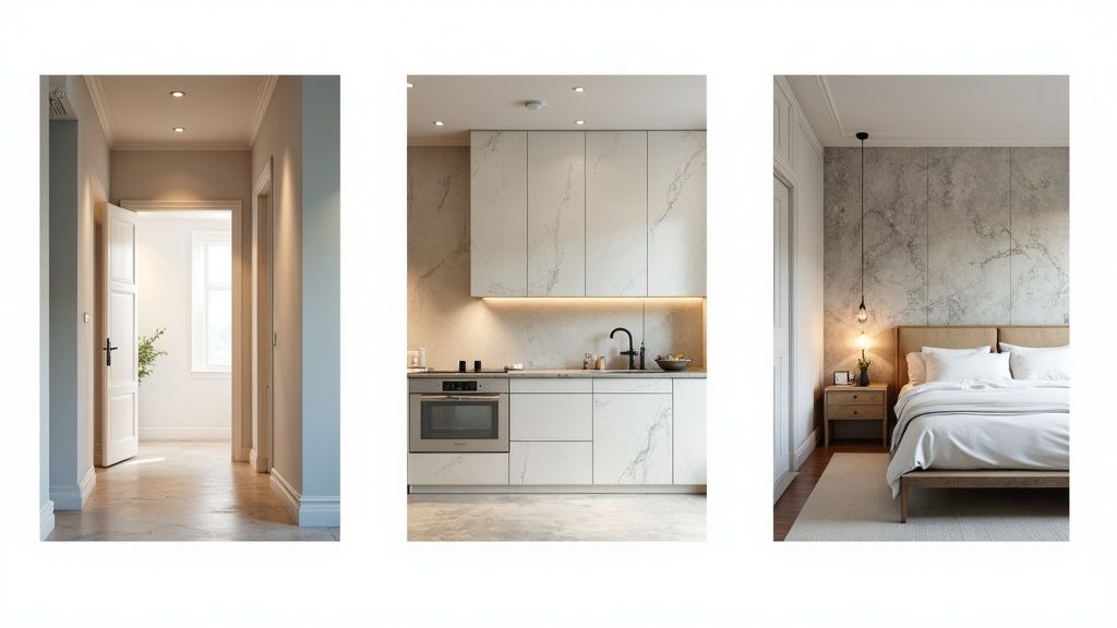 Modern minimalist interior design featuring hallway, kitchen, and bedroom with neutral tones and marble finishes