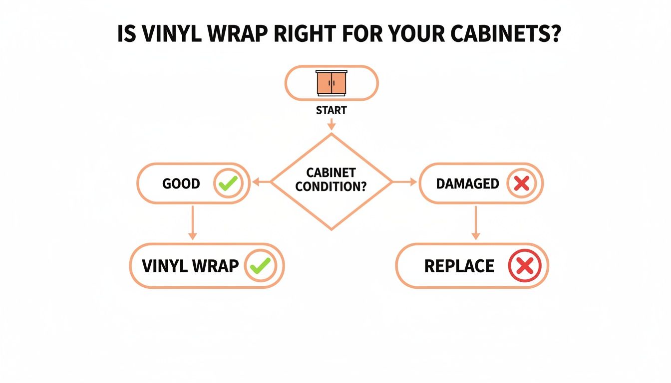 A flowchart titled 'Is Vinyl Wrap Right for Your Cabinets?' guiding the decision.