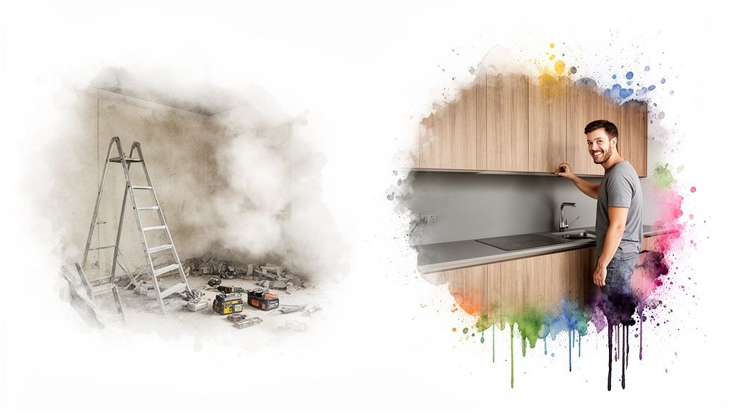 Renovation transformation: messy room with ladder on left, modern kitchen with happy man on right.