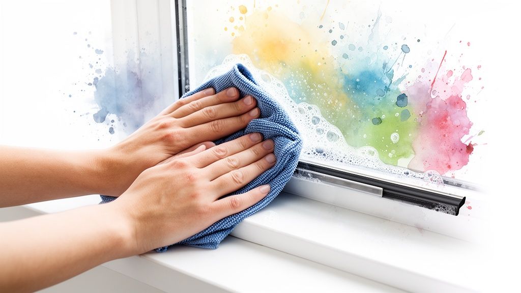 Close-up of hands cleaning a window with a blue microfiber cloth, surrounded by colorful soap suds.