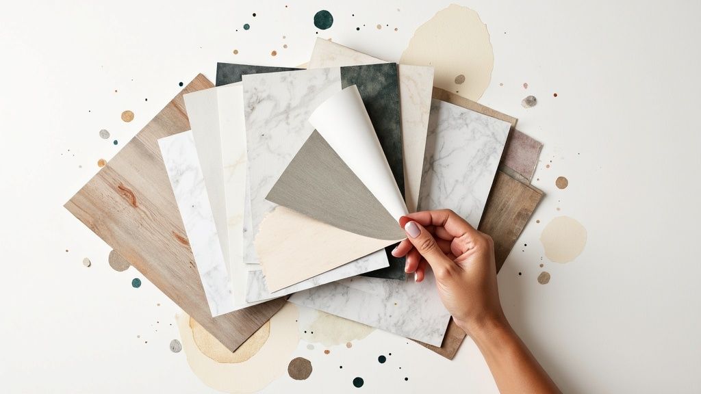 A selection of creative wrap finishes, showing wood grain, marble, and textured patterns.