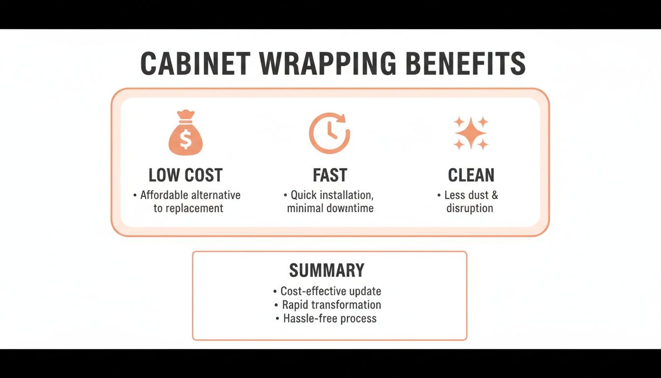 Infographic outlining cabinet wrapping benefits: low cost, fast installation, clean process, and a cost-effective update.