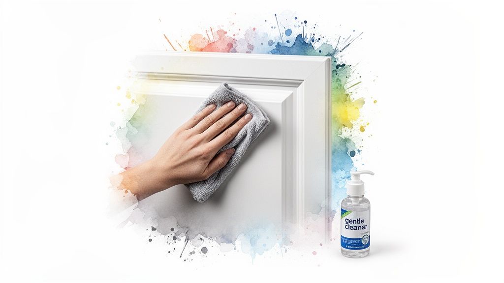 Hand cleaning a white cabinet with a cloth and gentle cleaner, surrounded by vibrant watercolor art.