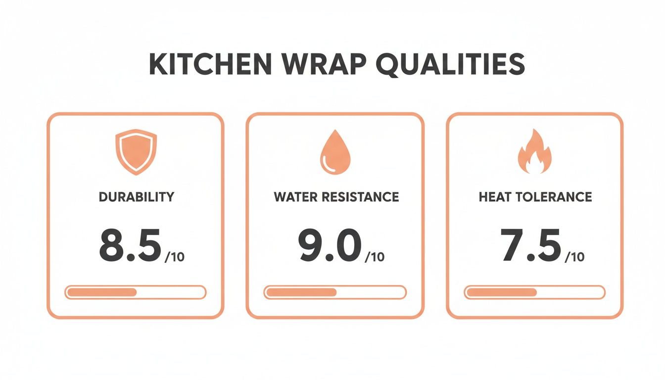 Infographic displaying kitchen wrap qualities, including durability 8.5/10, water resistance 9.0/10, and heat tolerance 7.5/10.