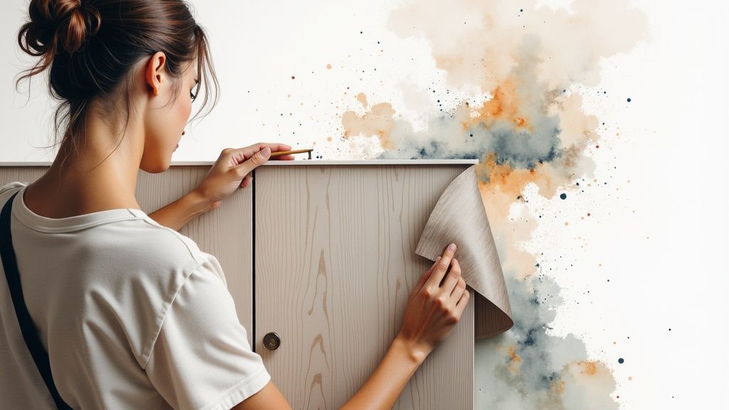 A close-up of a kitchen island being wrapped in a textured, marble-effect vinyl.