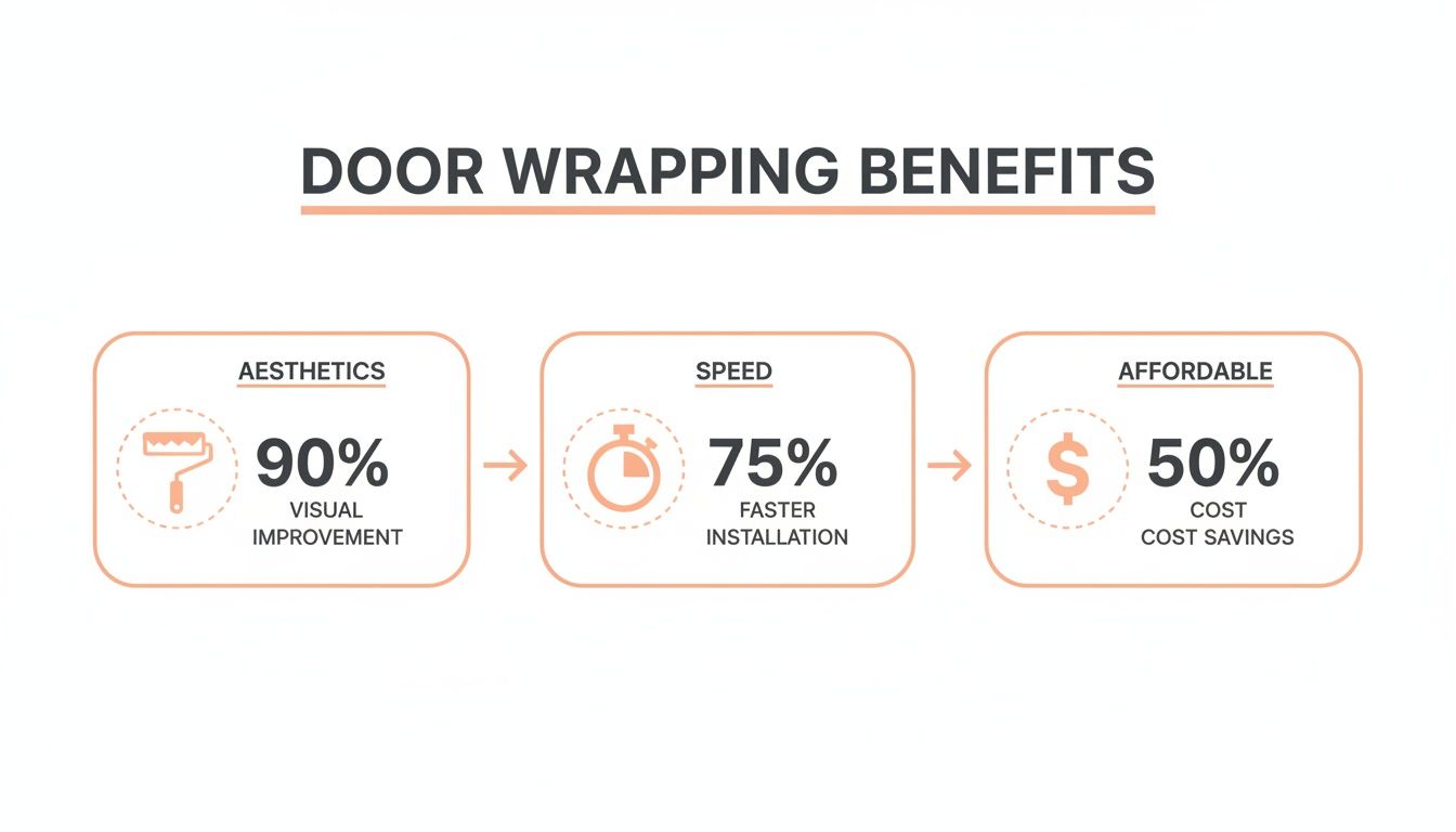 Infographic showcasing door wrapping benefits: 90% visual improvement, 75% faster installation, and 50% cost savings.